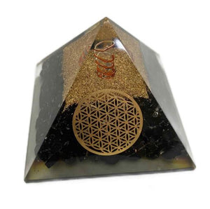 ZenN- Crystal & Gemstone Black Tourmaline With Flower Of Life Orgonite Pyramid Black Gold