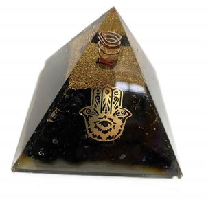 ZenN- Crystal & Gemstone Shungite With Hamsa Hand Orgonite Pyramid Blue Gold Copper