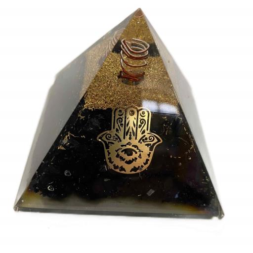 ZenN- Crystal & Gemstone Shungite With Hamsa Hand Orgonite Pyramid Blue Gold Copper