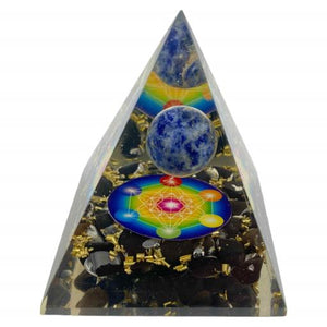 ZenN- Crystal & Gemstone Black Tourmaline Orgonite Nubian Pyramid With Sodalite Gemstone Ball Inside Blue Black Green Orange Yellow Pink Purple