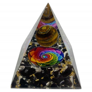 ZenN- Crystal & Gemstone Black Tourmaline Orgonite Nubian Pyramid With Tiger Eye Gemstone Ball Inside Blue Black Green Orange Yellow Pink Purple