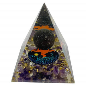 ZenN- Crystal & Gemstone Amethyst Chips Orgonite Nubian Pyramid With Black Gemstone Ball Inside Blue Black Green Orange Yellow Pink Purple