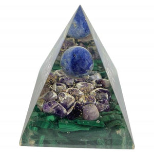 ZenN- Crystal & Gemstone Amethyst Orgonite Nubian Pyramid With Malachite Chips & Sodalite Gemstone Balln Inside Green Blue Purple Gold