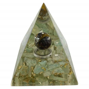 ZenN- Crystal & Gemstone Amazonite Orgonite Nubian Pyramid With Tiger Eye Gemstone Ball Inside Sky Blue Brown Silver Gold