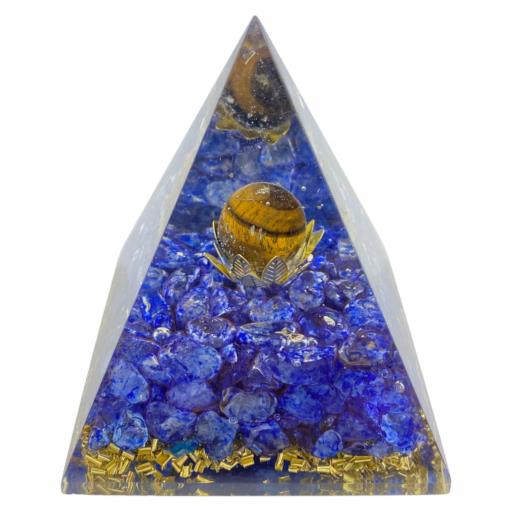 ZenN- Crystal & Gemstone Lapis Lazuli Onyx Orgonite Nubian Pyramid With Tiger Eye Gemstone Ball On The Lotus Leaf BlueYellow Gold