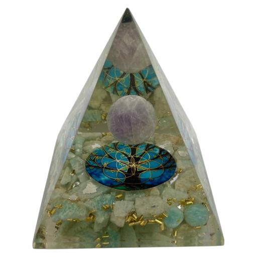 ZenN- Crystal & Gemstone Amazonite Orgonite Nubian Pyramid With Amethyst Gemstone Ball Inside Purple Green Gold