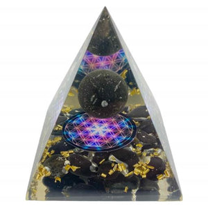 ZenN- Crystal & Gemstone Black Tourmaline Chips Nubian Orgonite Pyramid With Black Ball Inside Black Blue Magenta Gold