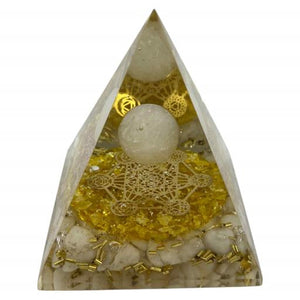 ZenN- Crystal & Gemstone Quartz Chips Orgonite Nubian Pyramid With White Quartz Ball Inside Yellow Gold White