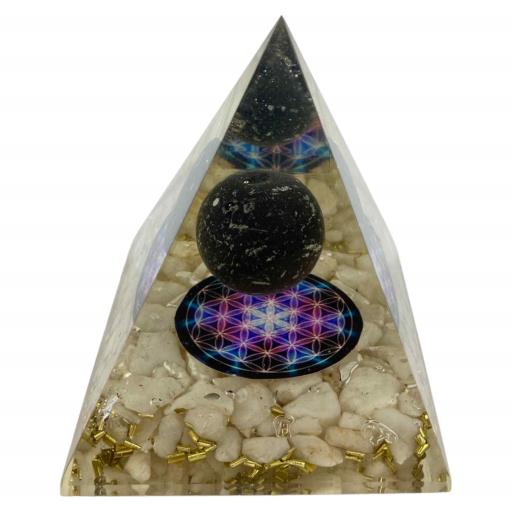 ZenN- Crystal & Gemstone White Quartz Orgonite Nubian Pyramid With Black Gemstone Ball Inside Blue White Magenta Gold