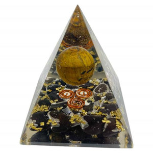 ZenN- Crystal & Gemstone Black Tourmaline Orgonite Nubian Pyramid With Tiger Eye Ball Inside Black Brown Gold