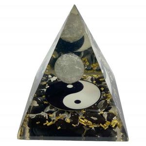 ZenN- Crystal & Gemstone Black Tourmaline Chips Orgonite Nubian Pyramid With White Quartz Ball Inside Black White Gold