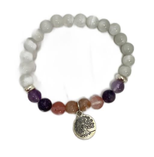 ZenN- Crystal & Gemstone Positive Energy Sunstone Lepidolite Amethyst Selenite Bracelet Is A Radiant Symbol Of Optimism And Vitality 8Mm Box Packaging