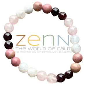 ZenN- Crystal & Gemstone Love: Moonstone Garnet Rhodonite & Rose Quartz Stone Bracelet Brings Unconditional Love Respect And Balance In Life 8Mm New Hang Tag Packaging