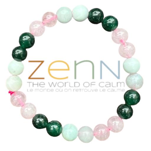 ZenN- Crystal & Gemstone Soulmate: Rose Quartz Green Jade Amazonite Bracelet The Amalgamation Of These Stones Is Associated With Love And Romance 8Mm New Hang Tag Packaging