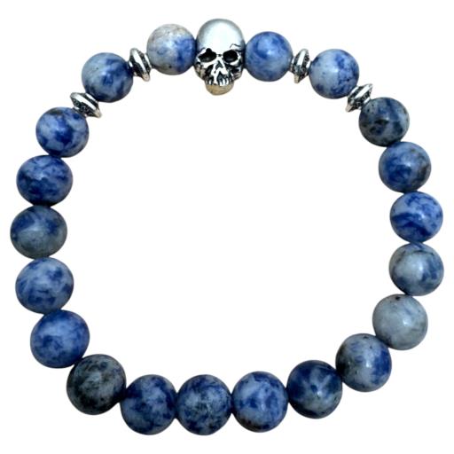 Zenn White Blue Jasper With Skull Bracelet: Nurturing Gemstone 8Mm Mix Of Natural & Synthetic Stones With Card Packing 19Cm