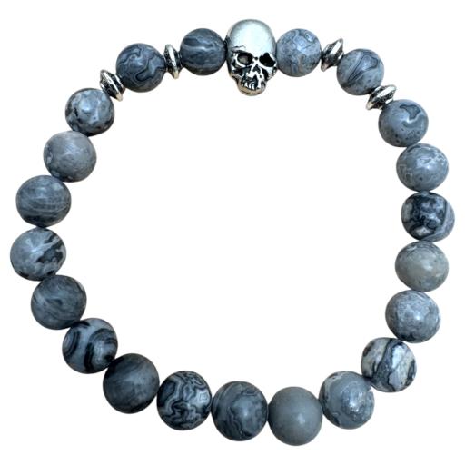 Zenn Gray Map Jasper With Skull Bracelet: Protection & Absorbs Negative Energy 8Mm Mix Of Natural & Synthetic Stones With Card Packing 19Cm