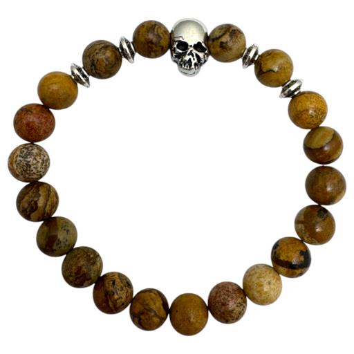 Zenn Picture Jasper With Skull Bracelet 8Mm Mix Of Natural & Synthetic Stones With Card Packing 19Cm