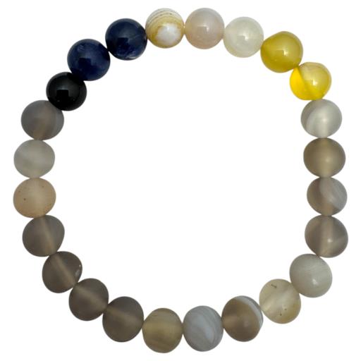 Zenn Pluto Bracelet: Grey Agate Yellow Agate Sodalite & Onyx 8Mm Mix Of Natural & Synthetic Stones With Card Packing 19Cm