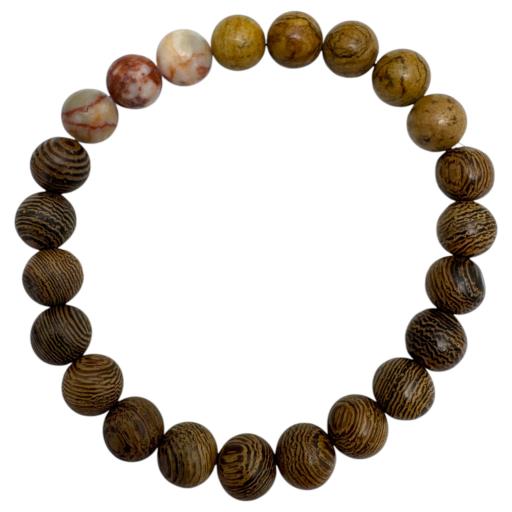 Zenn Jupiter Bracelet: Picture Jasper Yellow Jade & Wood Beads 8Mm Mix Natural Stone & Wood With Card Packing 19Cm