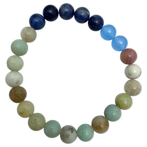 Zenn Uranus Bracelet: Amazonite Sodalite Blue Jasper Aquamarine & Rhodonite 8Mm Mix Of Natural & Synthetic Stones With Card Packing 19Cm