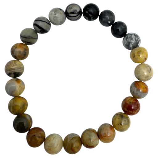 Zenn Saturn Bracelet: Black Labradorite Grey Map Jasper & Lace Agate 8Mm Mix Of Natural & Synthetic Stones With Card Packing 19Cm