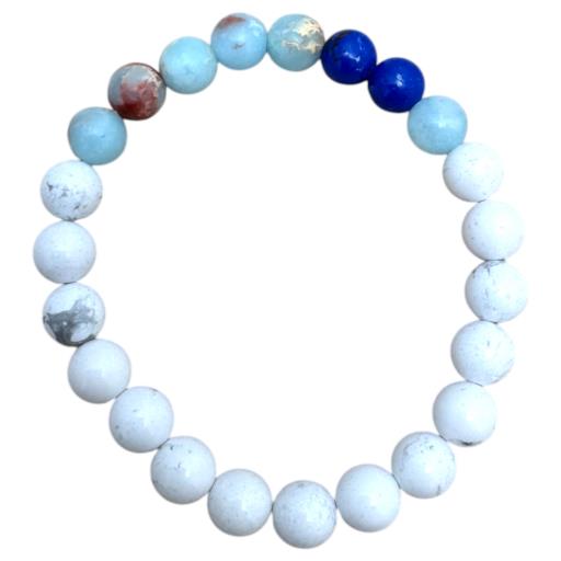 Zenn Mercury Bracelet: Howlite Shoushan Blue Jasper Aquamarine 8Mm Mix Of Natural & Synthetic Stones With Card Packing 19Cm
