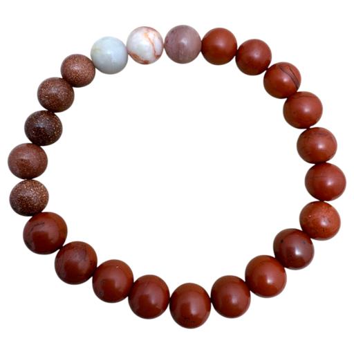 Zenn Sun Bracelet: Red Jasper Goldstone & Rhodonite 8Mm Mix Of Natural & Synthetic Stones With Card Packing 19Cm
