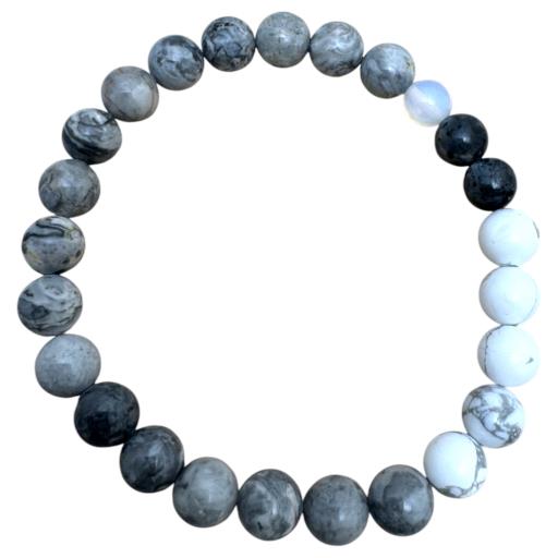 Zenn Moon Bracelet: Grey Map Jasper Howlite Black Labradorite & Opal Mix Of Natural & Synthetic Stones With Card Packing 19Cm