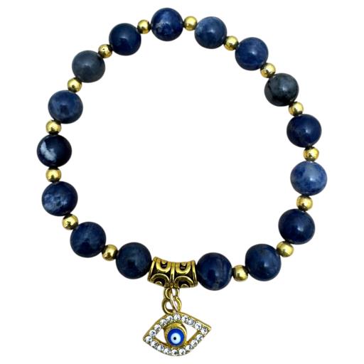 Zenn Sodalite With Evil Eye & Gold Beads Bracelet 8Mm Mix Of Natural & Synthetic Stones With Card Packing 19Cm