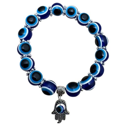 Zenn Evil Eye With Hamsa Hand Charm Bracelet 10Mm Synthetic Stones With Card Packing 19Cm