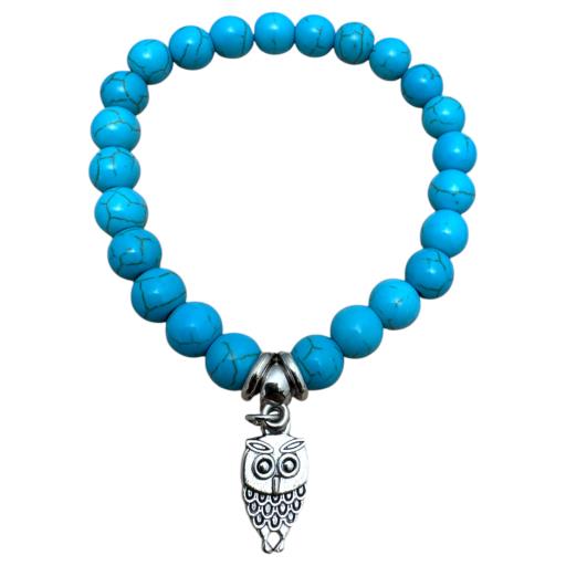 Zenn Turquoise With Owl Charm Bracelet 8Mm Synthetic Stones With Card Packing 19Cm