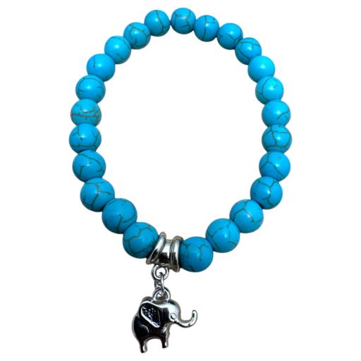 Zenn Turquoise With Elephant Charm Bracelet 8Mm Synthetic Stones With Card Packing 19Cm
