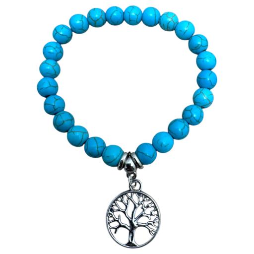 Zenn Turquoise With Tree Of Life Charm Bracelet 8Mm Synthetic Stones With Card Packing 19Cm