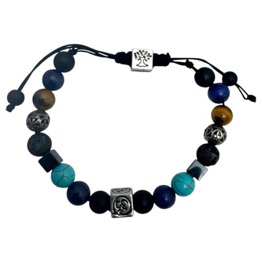 Zenn Power & Protection Bracelet: Turquoise Lapis Lazuli Matte Onyx  Hematite Lava Stone With Om & Tree Of Life Charm 8Mm Mix Of Natural & Synthetic Stones With Card Packing 21Cm