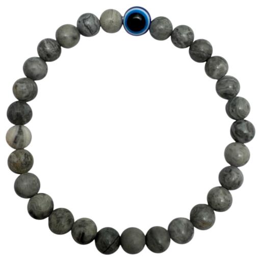 Zenn Map Stone Jasper & Evil Eye Bracelet 8-6Mm Mix Of Natural & Synthetic Stones With Card Packing 19Cm