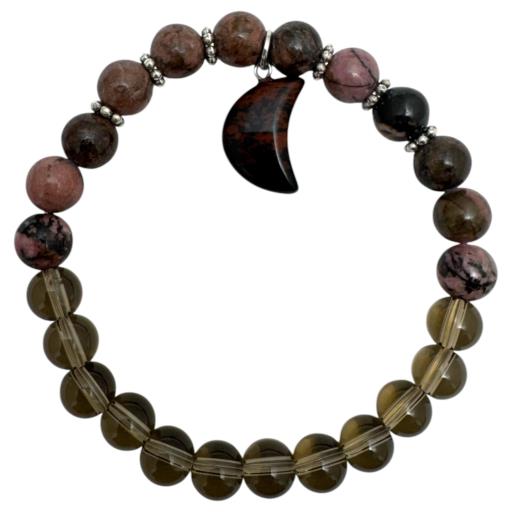 Zenn Smoky Quartz & Rhodonite With Moon Rhodonite Charm Bracelet 8Mm Mix Of Natural & Synthetic Stones With Card Packing 19Cm