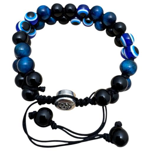 Zenn Evil Eye Shield Bracelet: Blue Onyx Blue Tiger Eye & Evil Eye With Om 8Mm Mix Of Natural & Synthetic Stones With Card Packing 21Cm