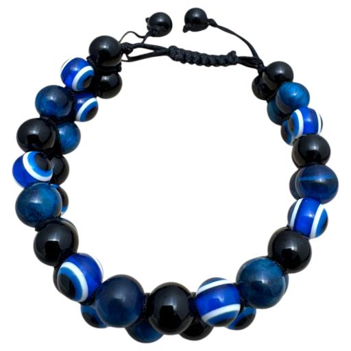 Zenn Black Onyx Blue Tiger Eye Lapis Lazuli & Evil Eye Bracelet 8Mm Mix Of Natural & Synthetic Stones With Card Packing 21Cm