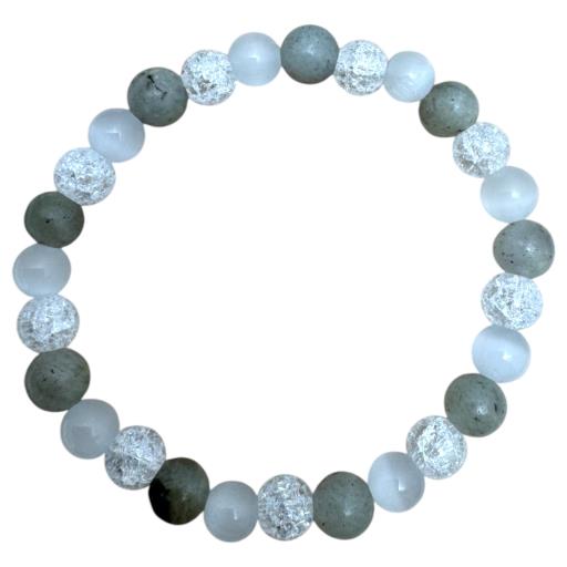 Zenn Lightworker Bracelet: Labradorite Selenite & Crystal 8Mm Mix Of Natural & Synthetic Stones With Card Packing 19Cm