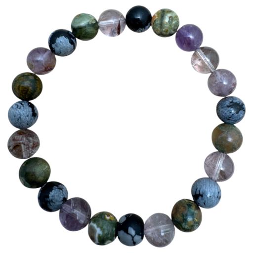 Zenn Spirit Guide Bracelet: Snowflake Obsidian Auralite 23 & Asteroid Jasper 8Mm Mix Of Natural & Synthetic Stones With Card Packing 19Cm