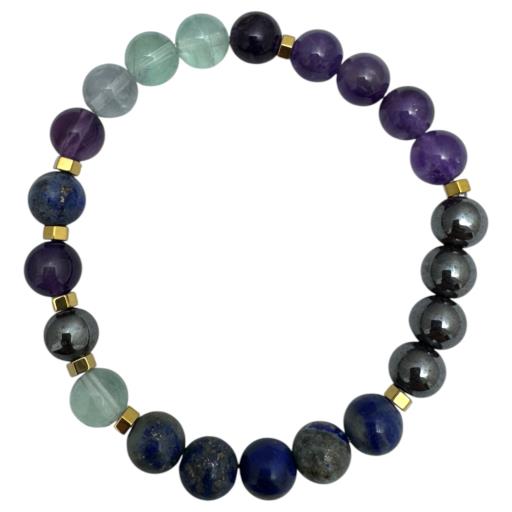 Zenn Memory Bracelet: Amethyst Fluorite Lapis Lazuli & Hematite 8Mm Mix Of Natural & Synthetic Stones With Card Packing 19Cm