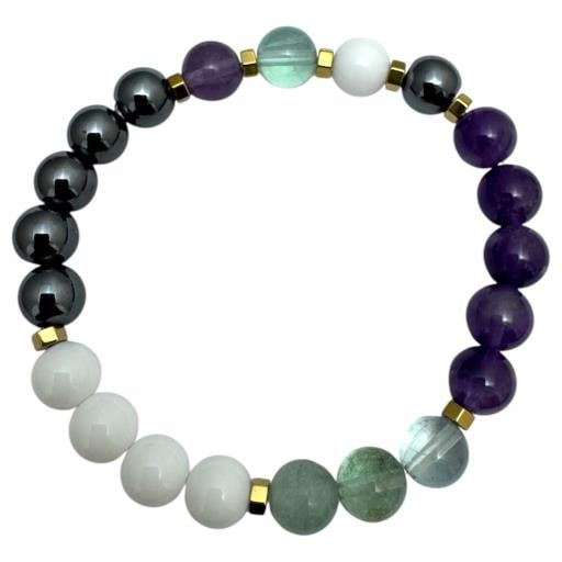 Zenn Sleep Bracelet: White Stone Hematite Fluorite & Amethyst 8Mm Mix Of Natural & Synthetic Stones With Card Packing 19Cm