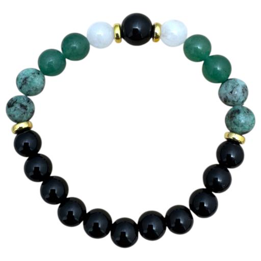 Zenn Money & Success Bracelet: Onyx African Turquoise Green Aventurine & White Jade 8Mm Mix Of Natural & Synthetic Stones With Card Packing 19Cm
