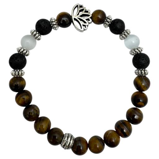 Zenn Tiger Eye Lava White Jade With Lotus Charm Bracelet 8Mm Mix Of Natural & Synthetic Stones With Card Packing 19Cm