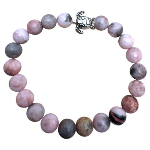 Zenn Pink Zebra Jasper With Turtle Charm Bracelet 8Mm Mix Of Natural & Synthetic Stones With Card Packing 19Cm