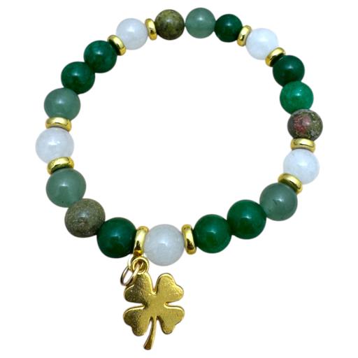 Zenn Prosperity Bracelet: Green Jade Unakite Green Aventurine & Ganqing With Leaf Clover Charm 8Mm 19Cm Mix Of Natural & Synthetic Stones With Card Packing 19Cm
