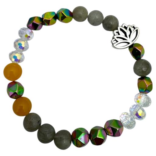 Zenn Emotional Balance Bracelet: White Labradorite Colourful Hematite & Yellow Jade With Lotus Charm 8Mm Mix Of Natural & Synthetic Stones With Card Packing 19Cm