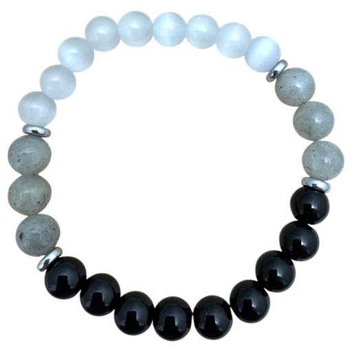 Zenn Protection Bracelet: Selenite Labradorite & Black Agate 8Mm Mix Of Natural & Synthetic Stones With Card Packing 19Cm
