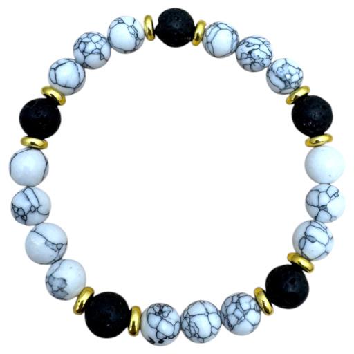 Zenn Dream Bracelet: Howlite & Lava 8Mm Mix Of Natural & Synthetic Stones With Card Packing 19Cm