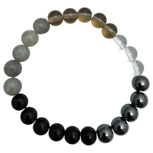 Zenn Protection & Grounding Bracelet: Black Agate Labradorite Smoky Quartz Clear Quartz & Hematite 8Mm Mix Of Natural & Synthetic Stones With Card Packing 19Cm